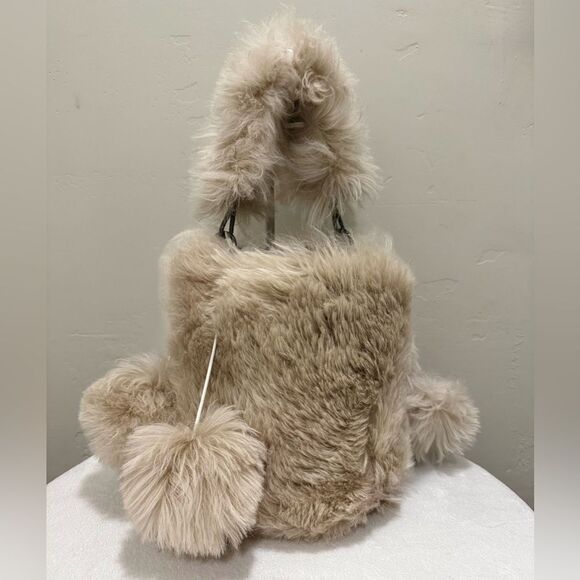 Beige Real Shearling Handmade Drawstring Bucket Bag Includes 4 Fur Balls Charm - Picture 3 of 16